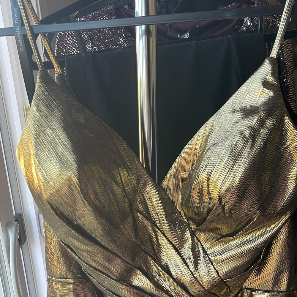 BRASSY GOLD Evening Dress, high slit, mid section draped.. Stunning !